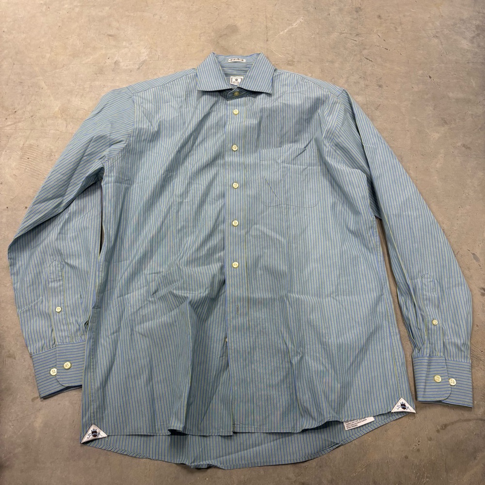 Peter Millar Shirt‎ Mens L 16 Blue And Green Striped Button Up Casual Preppy